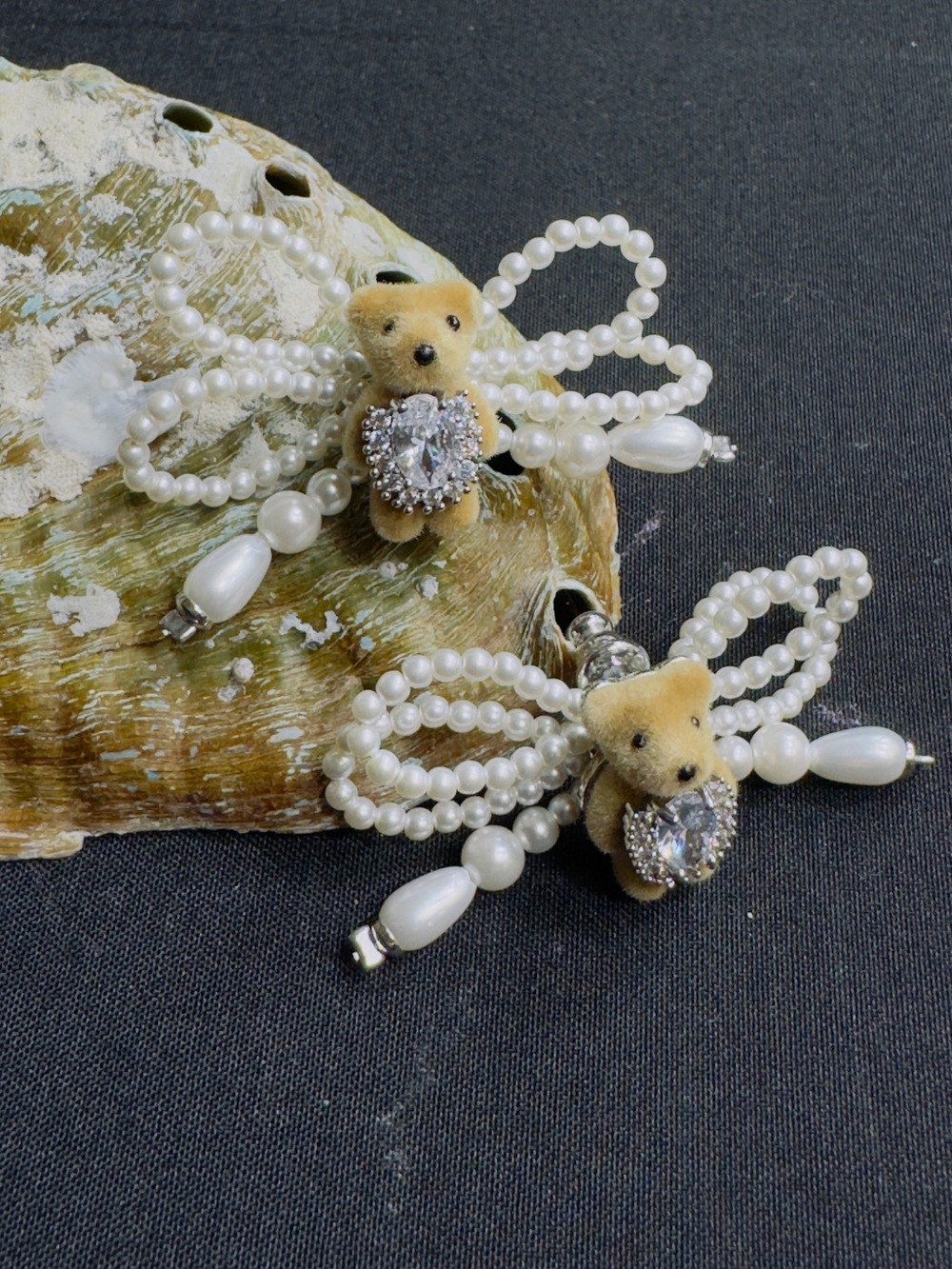 Pearl Teddy Bear Bow Drop Earrings - Beige Plush With Pearls